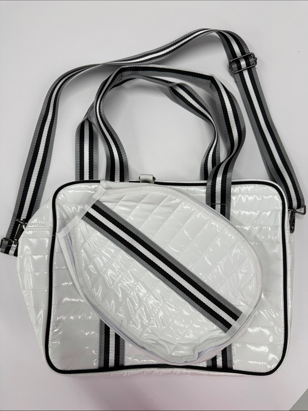 White pickleball  Bag with Black-White Striped Strap